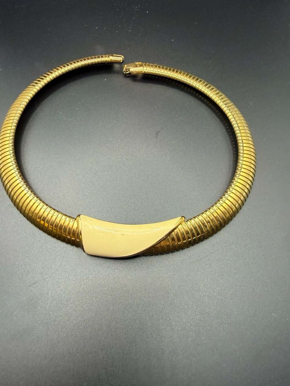 Vintage Monet Gold Tone Snake Chain Choker Necklace with Cream Enamel Accent